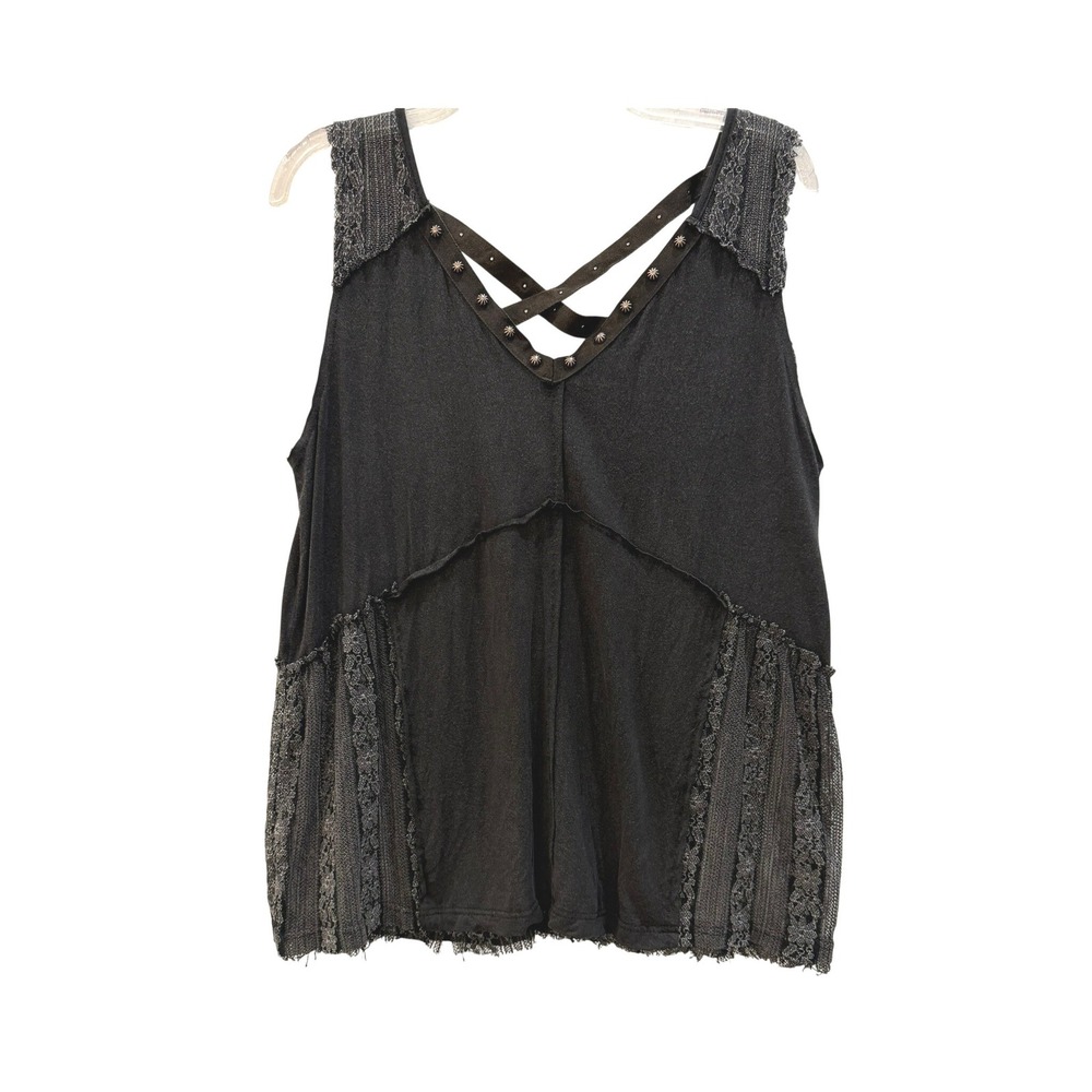 POL Womens Charcoal Black Grey Lace Trim Studded Criss Cross V-Neck Tank Top S